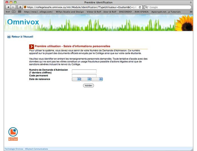 Capture d'écran de la page d'inscription du portail Omnivox d'un collège, demandant le numéro d'admission et la date de naissance.