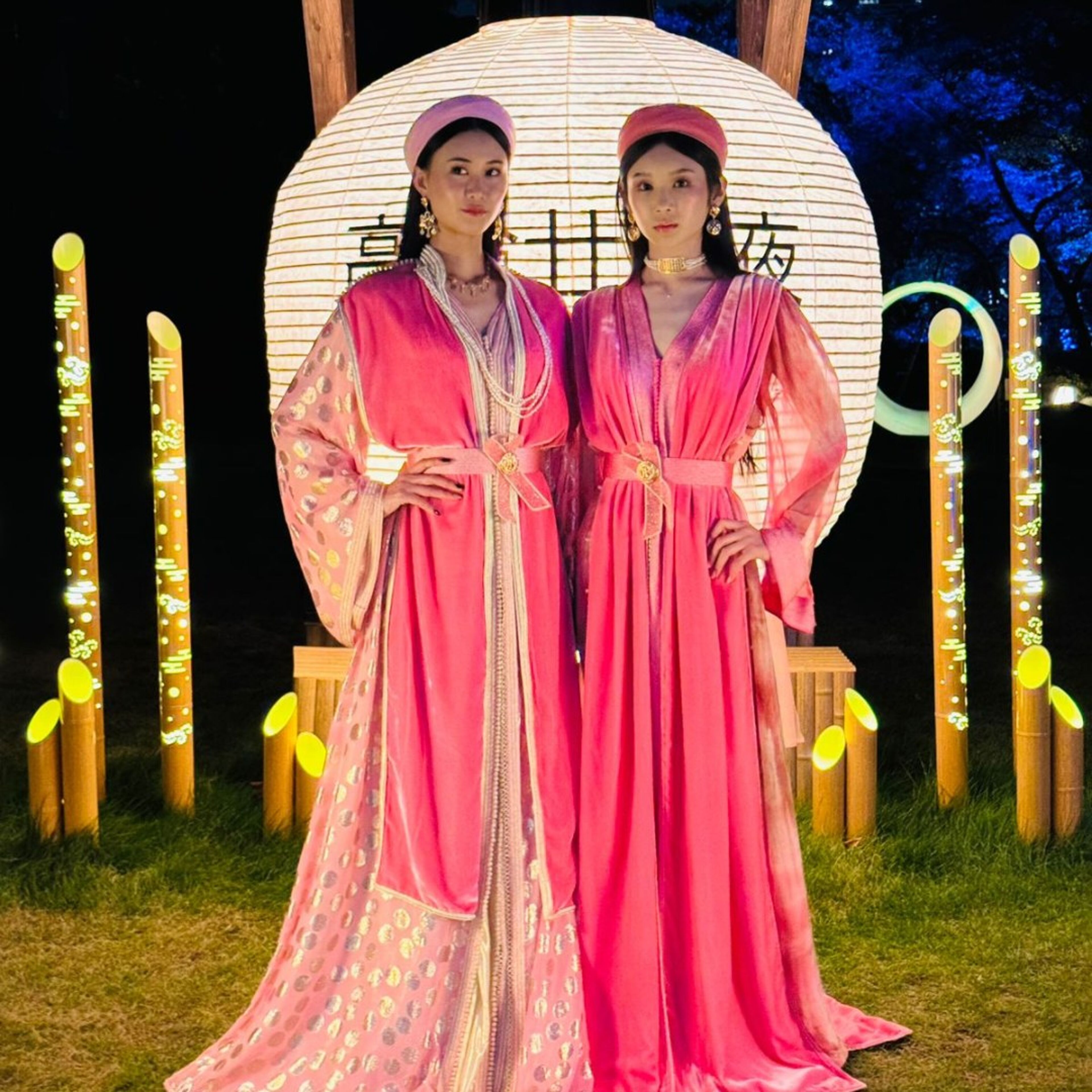 Mannequins en robes roses lors d'un événement en plein air illuminé