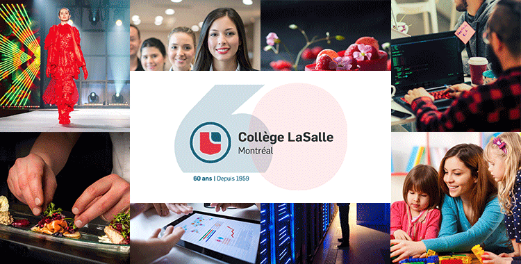 The image is a collage of six photographs depicting various professional and educational activities. It includes a fashion runway show, culinary arts, a group of smiling students, digital analytics, a server room, and a family moment, unified by the central logo of Collège LaSalle, celebrating 60 years since 1959.