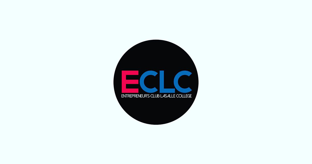Logo of the Entrepreneurs Club at LaSalle College featuring the acronym "ECLC" in bold red and blue letters on a black circular background.