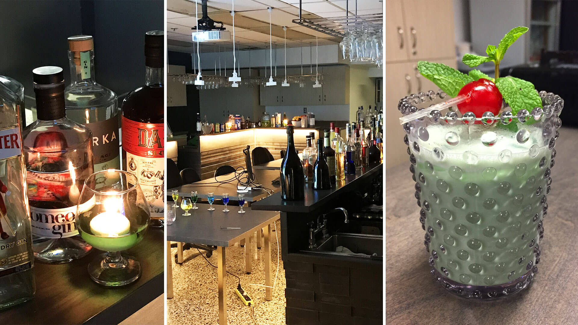A collage displaying a bar's ambiance with images of liquor bottles, a dimly lit bar area with hanging glasses, and a close-up of a cocktail.