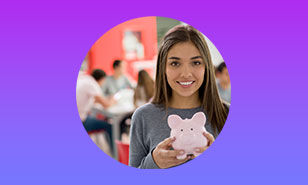A smiling woman holds a piggy bank, symbolizing financial savings, with a blurred background of people.
