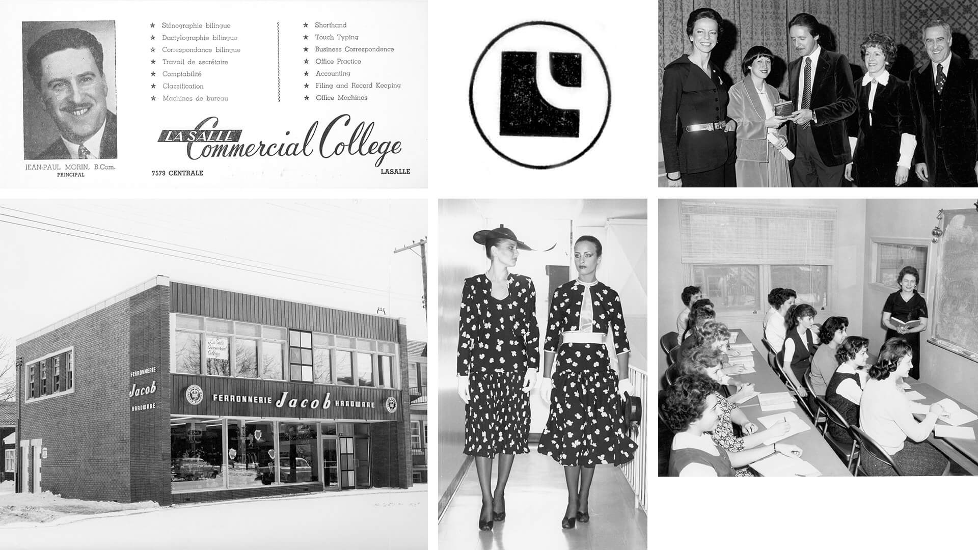 Un collage présentant l'enseignement professionnel, incluant une publicité d'établissement, des étudiants en formation pratique, et un cours de commerce, reflétant les pratiques éducatives du milieu du 20e siècle.