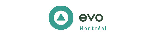 Le logo présente le mot 'evo' à côté d'un symbole de triangle stylisé, avec 'Montréal' en dessous, suggérant une identité de marque moderne et épurée.
