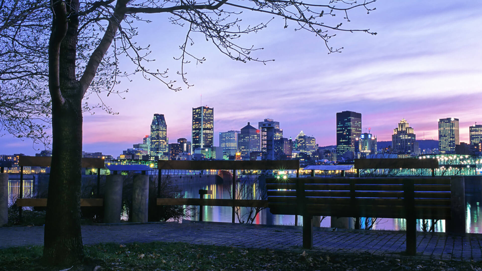 A serene twilight view from a park bench, overlooking a river with a vibrant city skyline backdrop under a gradient evening sky.