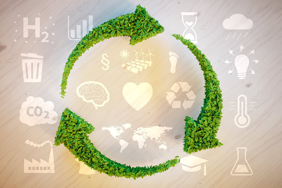 Illustration of a green, leafy recycling symbol encompassing icons of sustainability, like renewable energy and education, on a wood background.