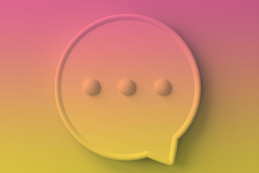 A minimalist 3D rendering of a speech bubble with a stylized ellipsis, set against a gradient background.