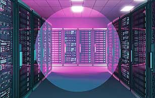A corridor of data center racks illuminated by blue and pink lights, creating a futuristic server room ambiance.