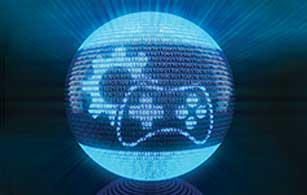 A holographic globe displaying a game controller icon, symbolizing the global impact of digital gaming.