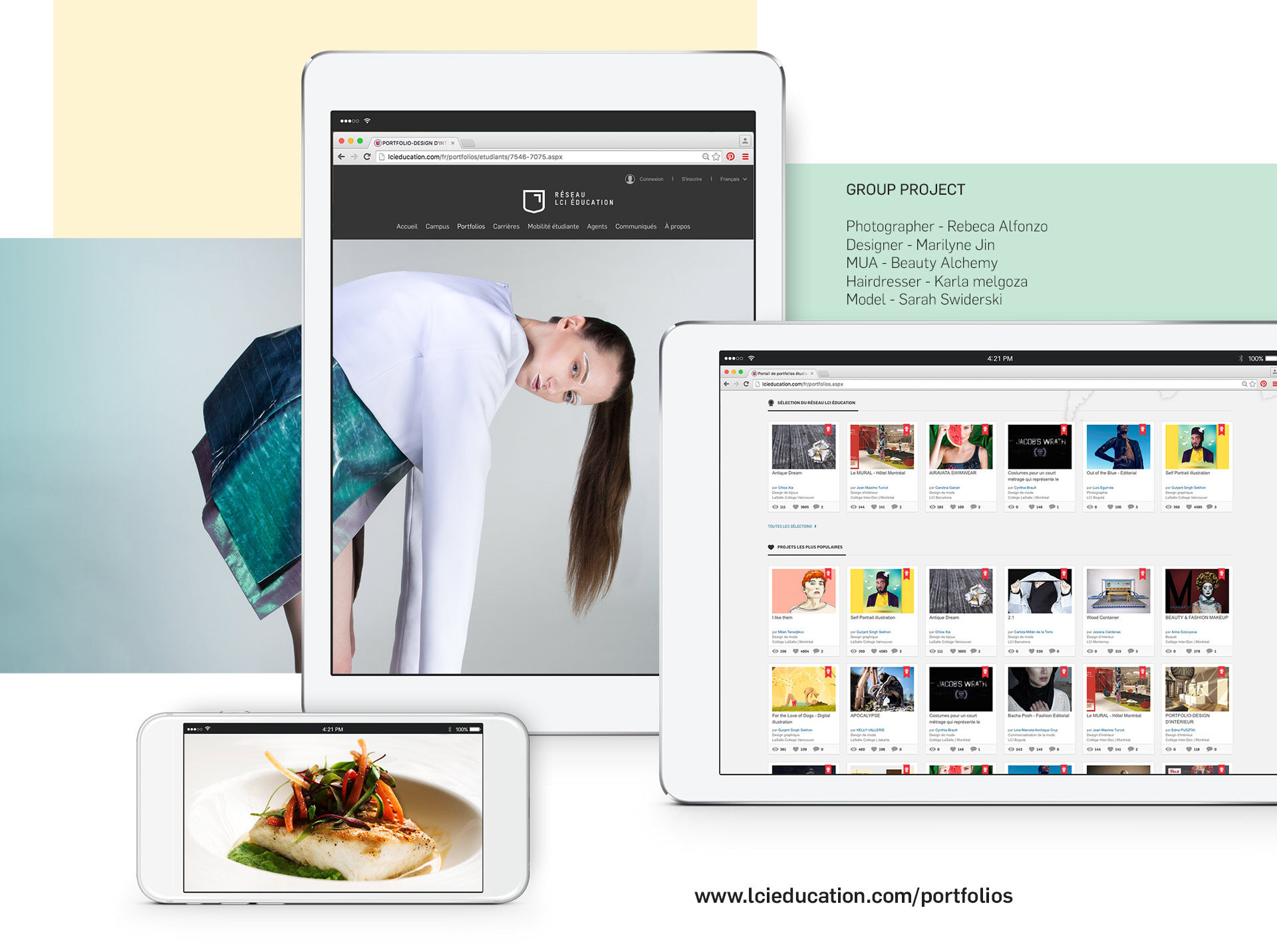 A creative showcase on various screens, displaying a fashion model and a culinary dish, highlighting a portfolio website for design professionals.