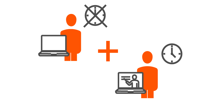 An iconographic comparison between remote work, represented by a figure with a laptop, and traditional office hours, symbolized by a clock.