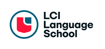 The logo features a stylized red and blue shield with the letters "LCI" in white, next to the black text "Language School" on a transparent background.