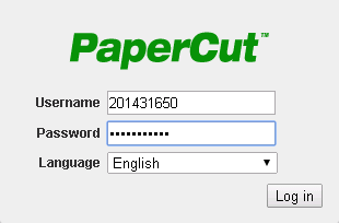A PaperCut login screen displaying fields for username and password, with a language selection dropdown menu, on a white and green background
