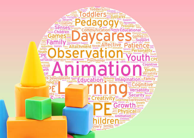 Colorful building blocks with words on childhood learning and development.