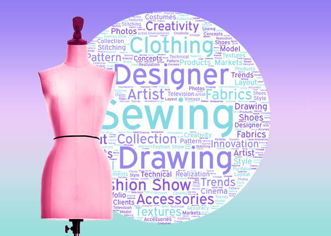 A pink mannequin against a backdrop with a word cloud related to fashion, design, and sewing