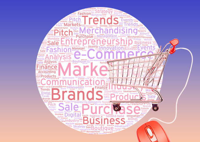 Shopping cart with a background word cloud related to marketing, e-commerce, and business.