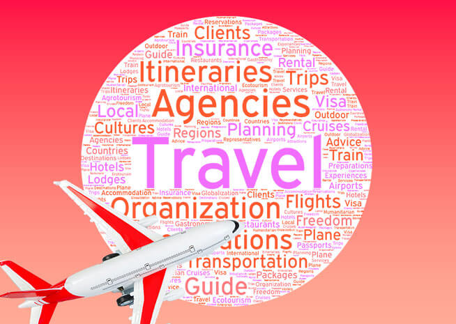 A toy airplane with a word cloud background highlighting travel, itineraries, flights, and tourism.