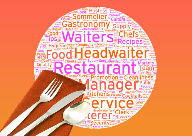 Cutlery on a napkin with a word cloud related to hospitality, gastronomy, and restaurant service.