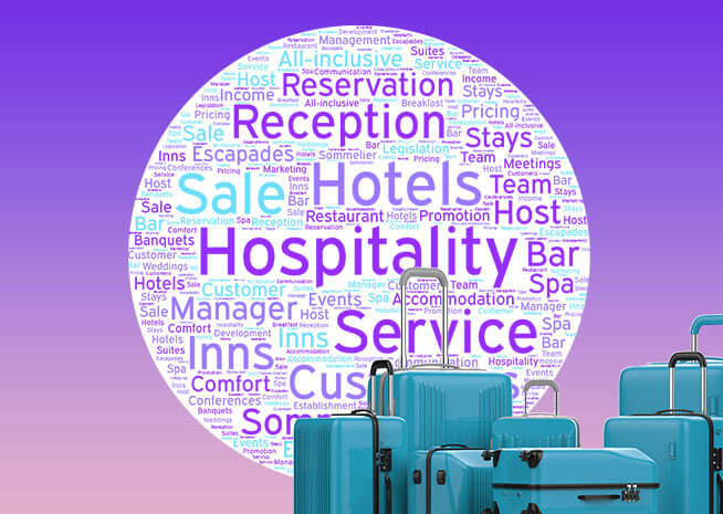 Luggage in foreground with a hospitality-themed word cloud emphasizing hotels, service, and reception.
