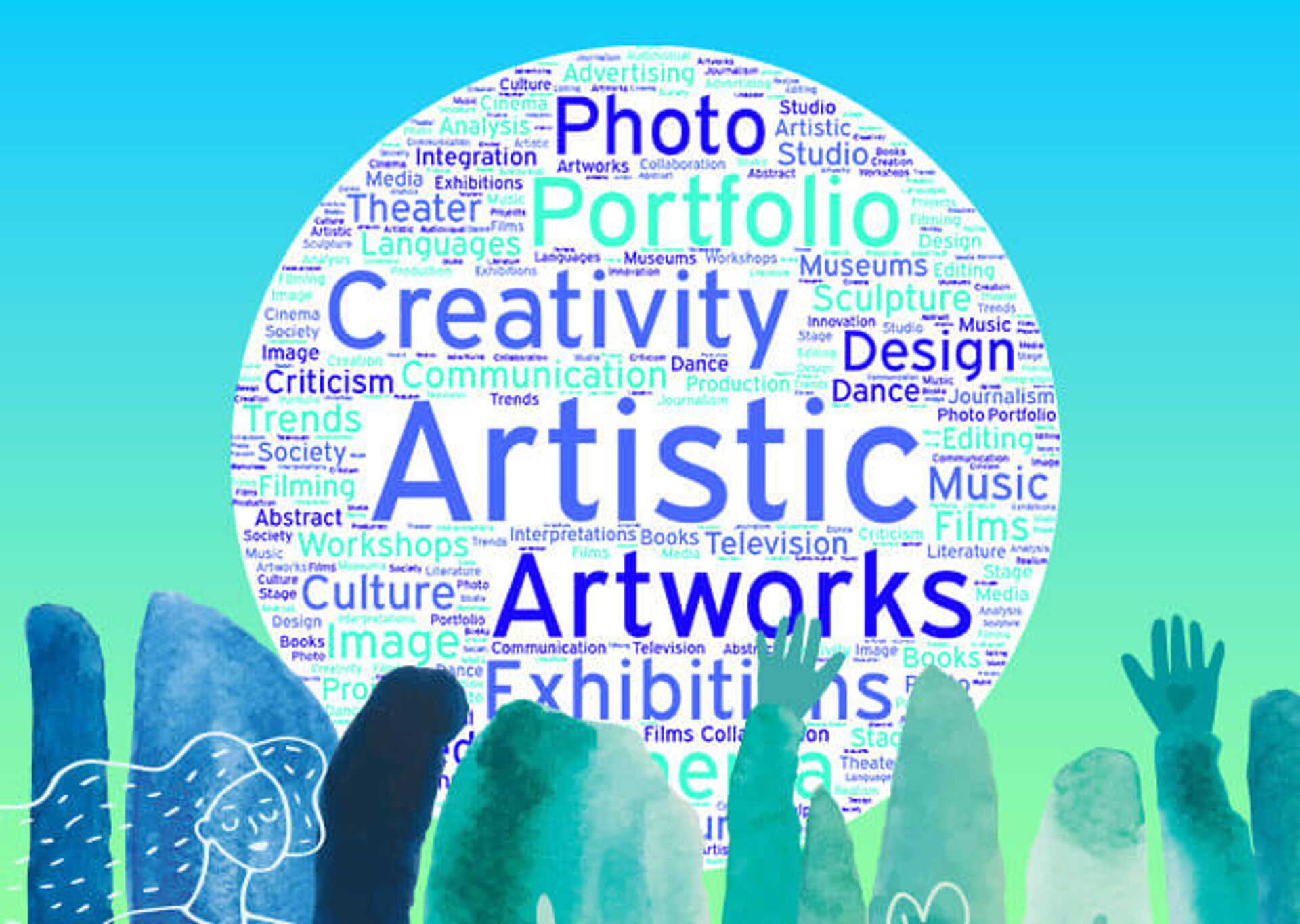 Silhouetted figures raising hands against a backdrop of a word cloud themed around art and creativity.