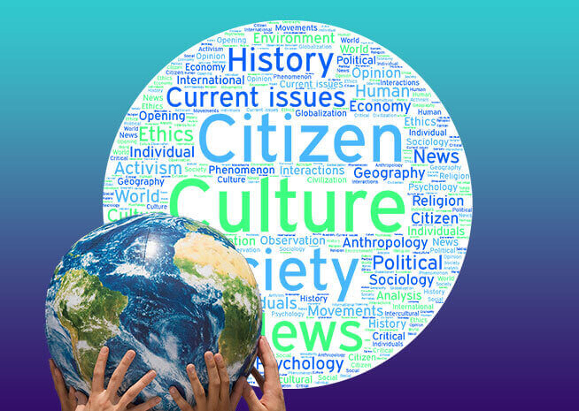 Hands holding a globe with a cultural and societal themed word cloud encompassing it.
