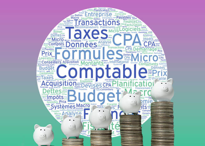 Tirelires sur des piles de pièces ascendantes avec un nuage de mots lié à la finance mettant l'accent sur la budgétisation et la comptabilité.