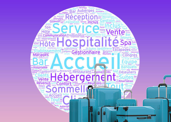 	
Bagages au premier plan avec un nuage de mots sur le thème de l'hospitalité accentuant les hôtels, le service et la réception.