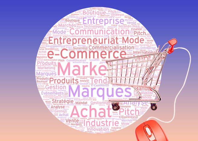 Chariot d'achat avec un fond de nuage de mots lié au marketing, à l'e-commerce et aux affaires.