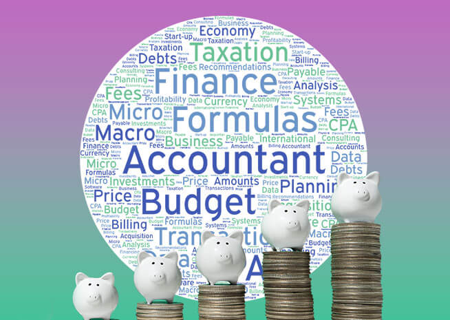 Piggy banks on ascending coin stacks with a finance-related word cloud emphasizing budgeting and accounting.