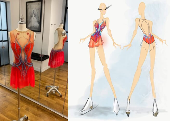 A vibrant red figure skating dress on a mannequin next to its original design sketch.
