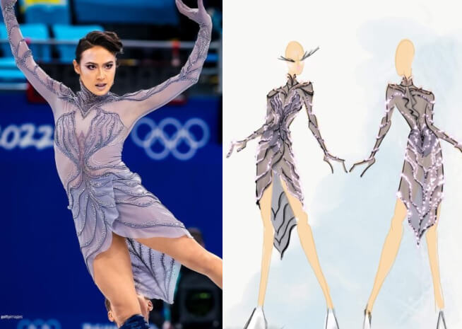 An ice skater performs in a graceful lilac costume, alongside its artistic concept illustration.