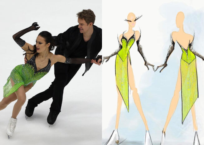 Ice dancing pair in a vivid green performance costume matched with a conceptual sketch.