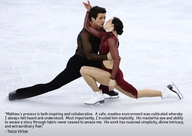 A figure skating duo showcases a deep connection and elegance, attributed to Matthieu's design prowess.