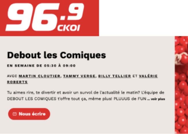 Morning radio show 'Debout les Comiques' promises humor and news updates.