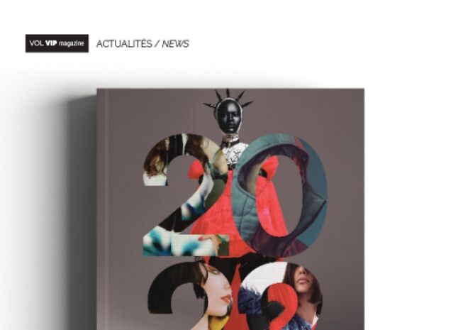 Couverture de magazine en collage avec chiffres audacieux et images éclectiques, représentant les tendances de la mode contemporaine.