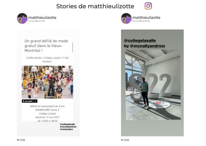 Left: A vibrant fashion show in progress. Right: A person standing by a large "2022" installation with a brand logo.