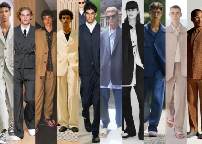 A montage of male models showcasing a variety of suit styles, from classic to contemporary, at a fashion week event.