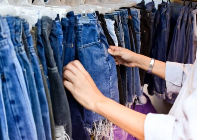 Un client parcourt une gamme de jeans en denim suspendus à un portant dans une boutique de vêtements.