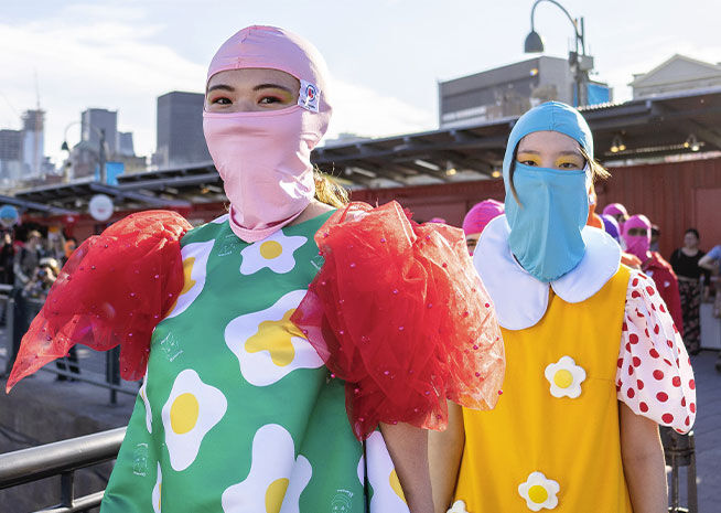 Two individuals wearing vibrant, floral-themed costumes and face masks, participating in a street performance.