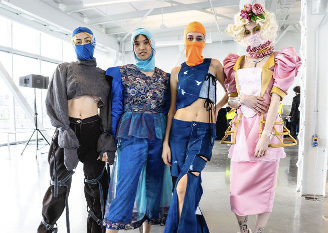Four models pose in a bright studio, displaying eclectic, avant-garde fashion with bold colors and diverse textures. The outfits blend traditional elements with modern, edgy details.