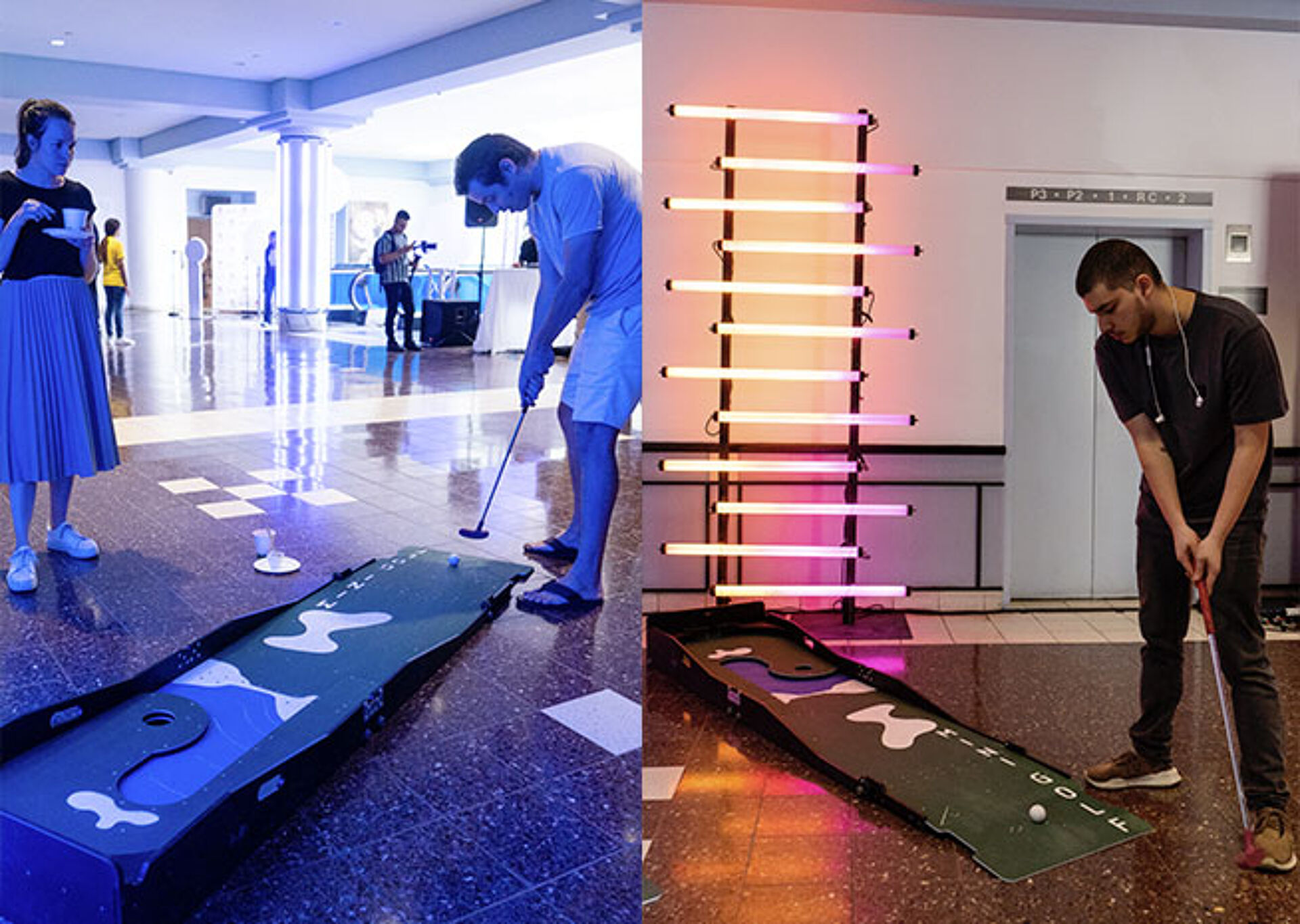 People playing mini golf indoors with a modern neon light installation in the background.