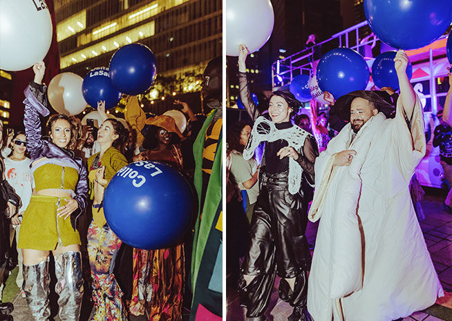 Revellers enjoy a festive night out, surrounded by vibrant balloons and lively spirits.