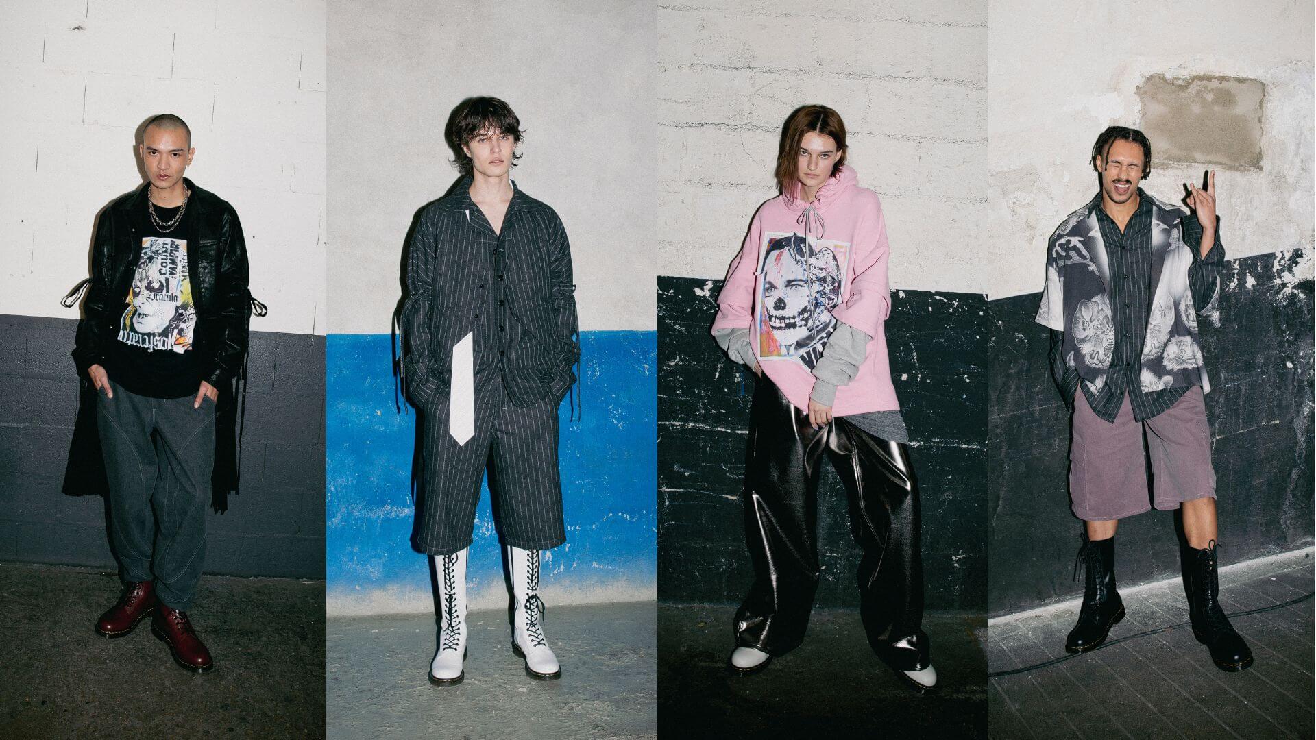 Présentation de quatre individus portant des tenues streetwear urbaines, montrant un mélange d'imprimés audacieux, de vêtements surdimensionnés et de styles éclectiques.