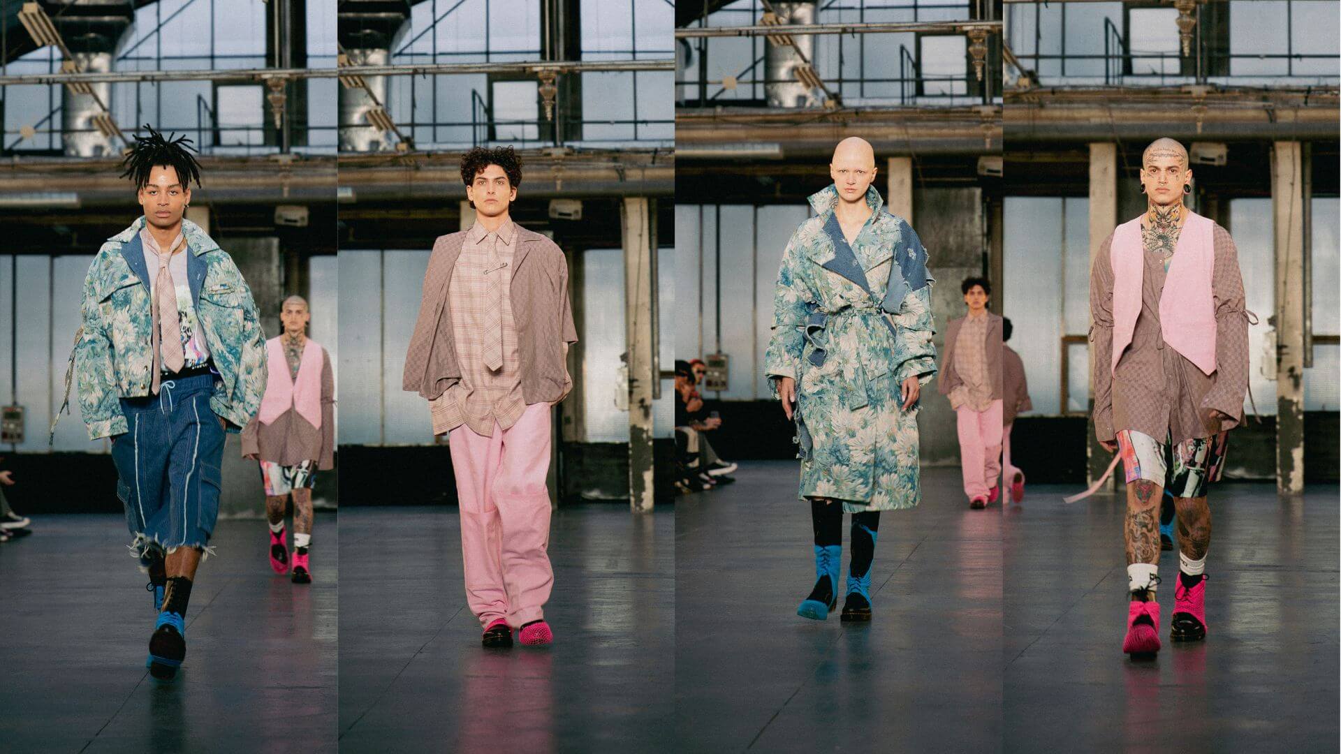 Models displaying contemporary fashion with a mix of oversized jackets, pastel colors, and unique textures on a runway.