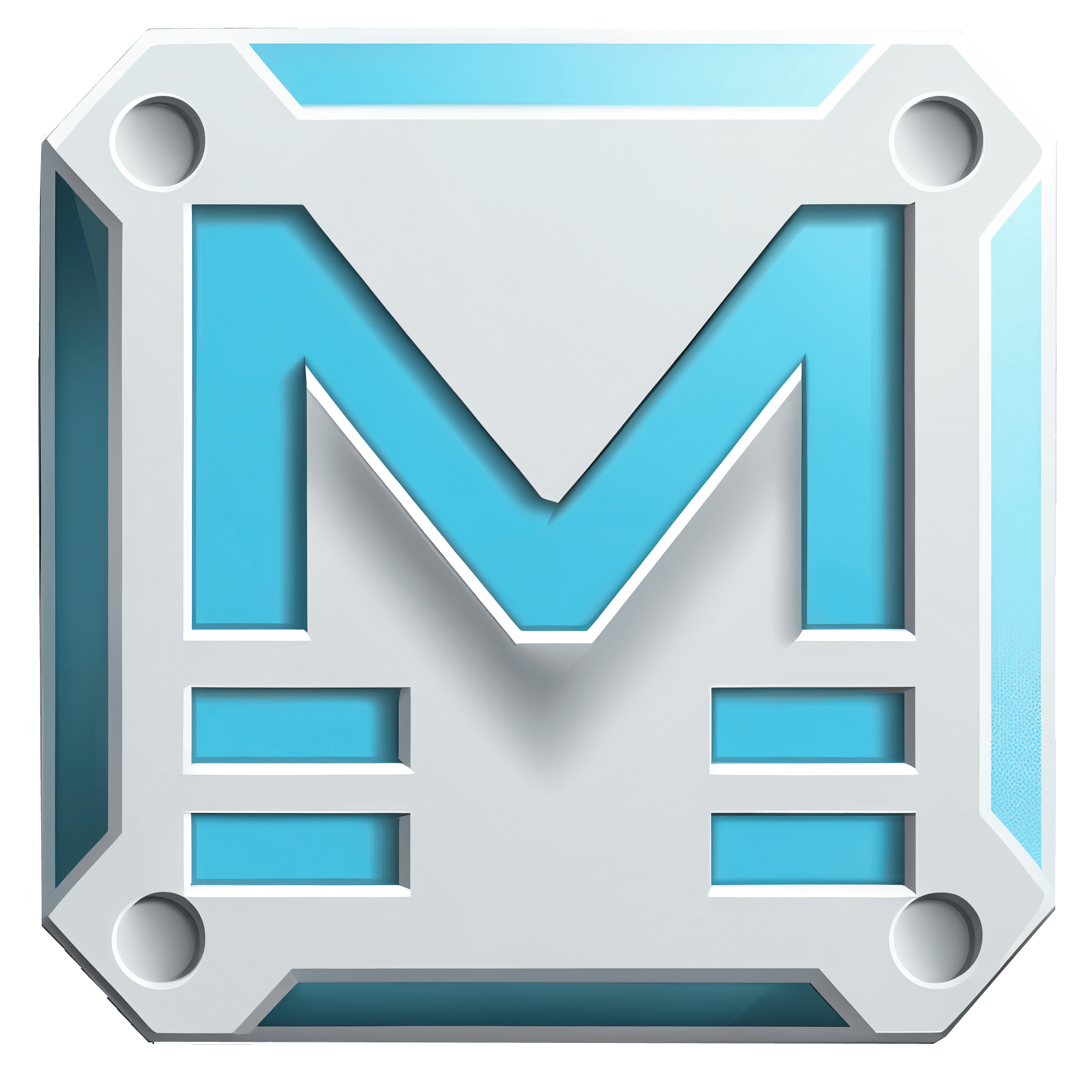 A 3D letter M with a metallic and cyan color scheme presented as a modern, tech-inspired logo.
