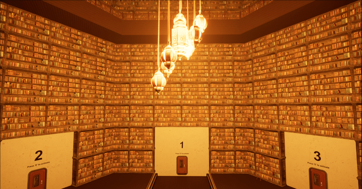  A 3D-rendered chamber with walls lined by bookshelves, ornate lanterns hanging from the ceiling, and numbered doors.