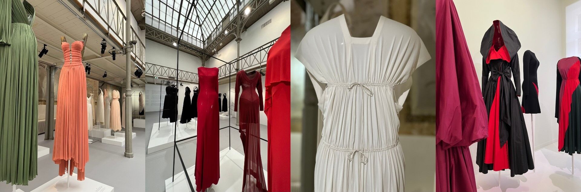 A panoramic view of a fashion exhibition with a series of elegant dresses on display.