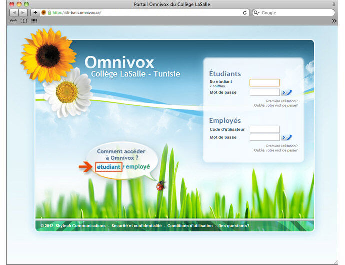 Capture d'écran du portail Omnivox du Collège LaSalle pour les étudiants et les employés, avec des options de connexion et un design vif inspiré de la nature.