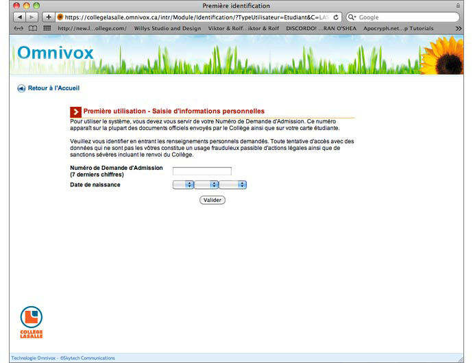 Capture d'écran de la page d'inscription du portail Omnivox d'un collège, demandant le numéro d'admission et la date de naissance.