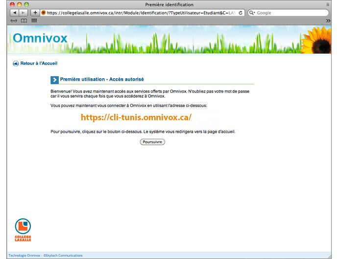Capture d'écran affichant le message de bienvenue et l'URL de connexion pour le portail des services Omnivox du Collège LaSalle.